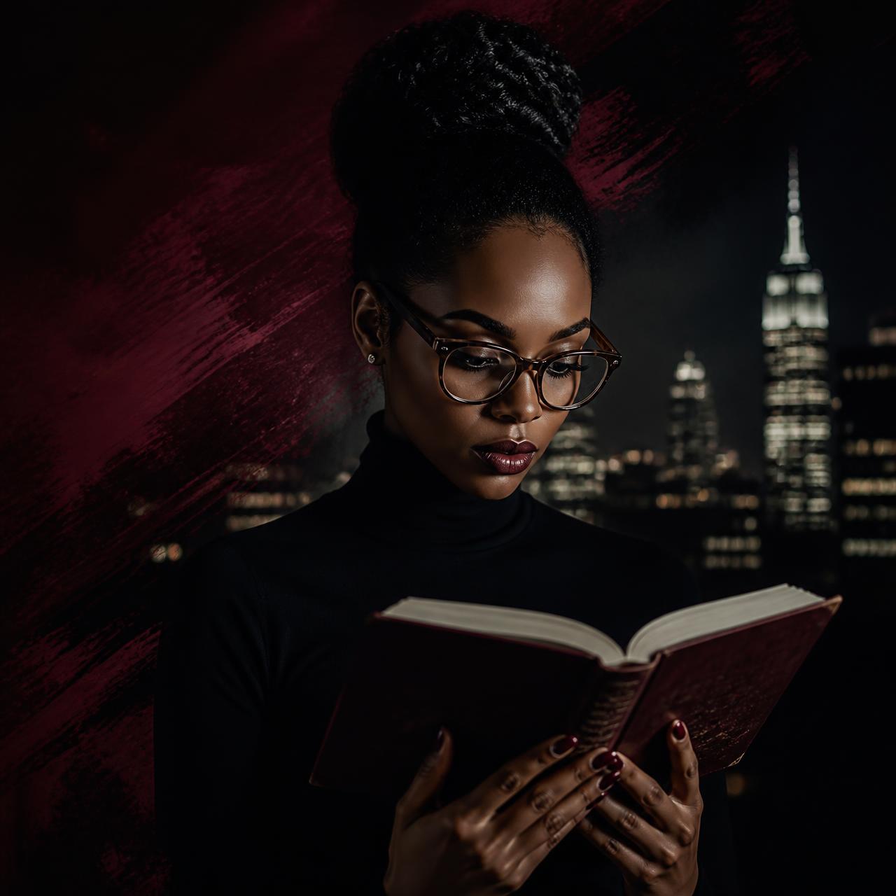Black woman reading a book in dramatic lighting